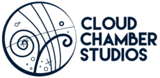 Cloud Chamber Studios logo showing a stylised swirling cloud chamber in navy blue