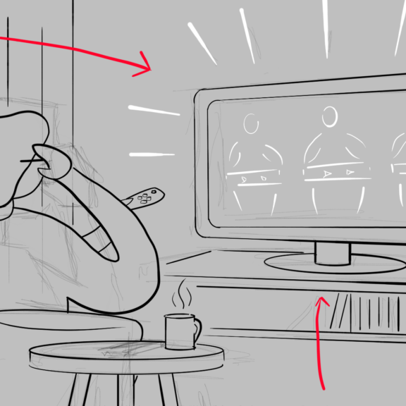 Storyboard sketch of man watching government broadcast on TV