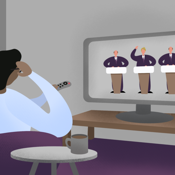 Illustrated scene from animation of man watching government broadcast on TV